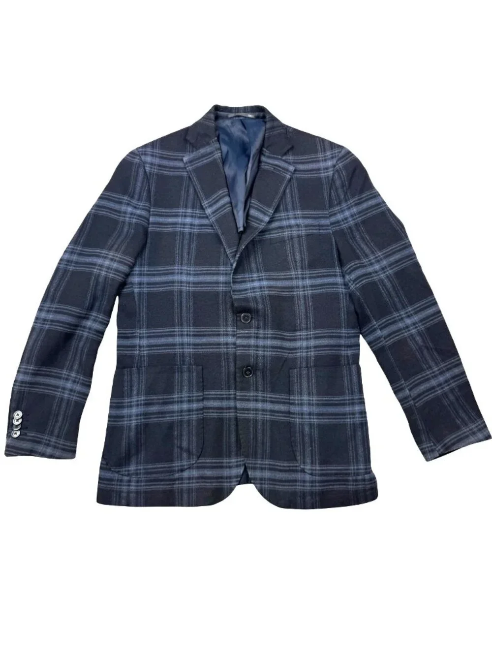 Dan John Men’s Wool Blend 2-Button Blazer Blue Gray Plaid • 40R US 50 EU